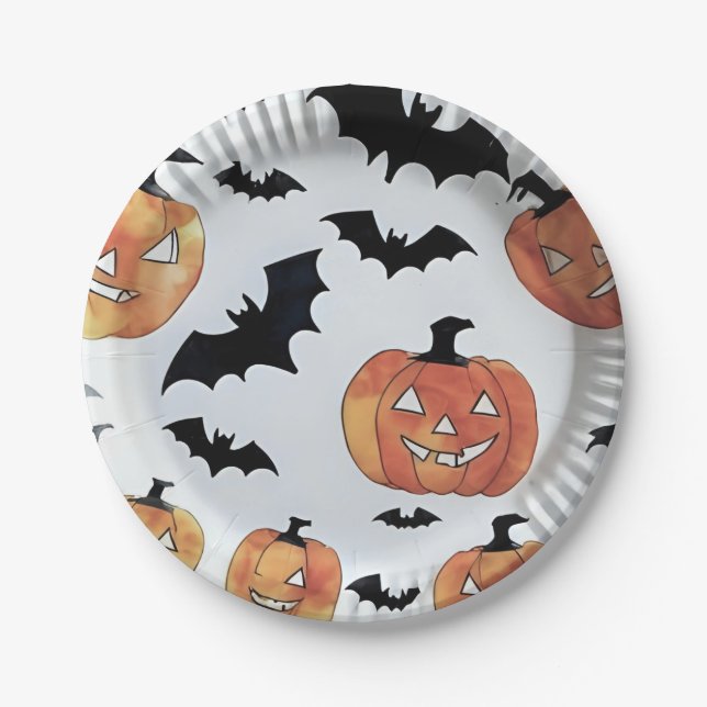 Assiettes En Carton Fête d'Halloween Bats & Jack-O-Lanterns (Devant)