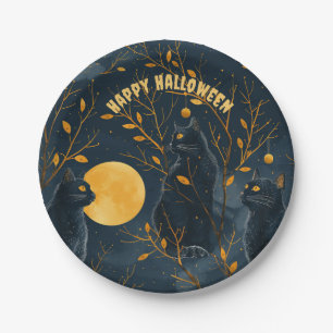 Assiettes En Carton Fête d'Halloween Chat Noir Heureux