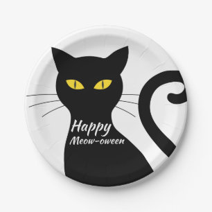 Assiettes En Carton Fête d'Halloween de chat noir