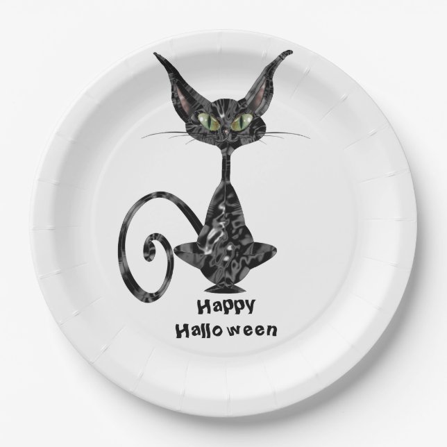 Assiettes En Carton Fête d'Halloween de chats noirs superstitieux (Devant)
