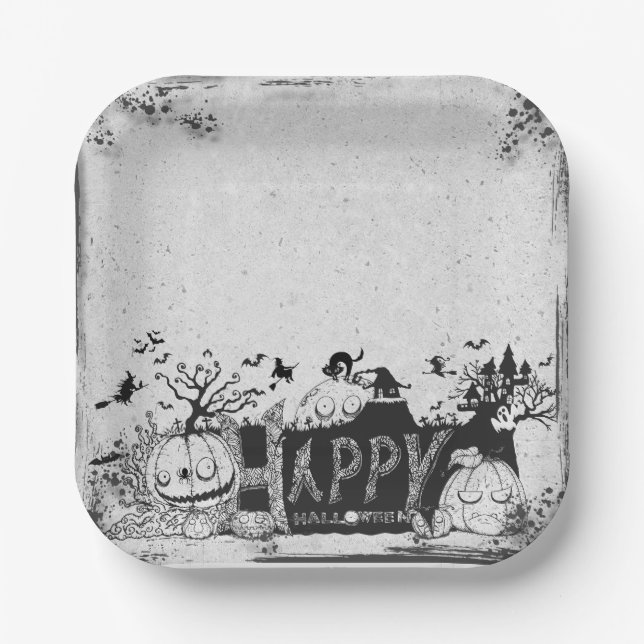 Assiettes En Carton Fête d'Halloween noir et blanc (Recto)