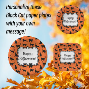 Assiettes En Carton Fête d'Halloween personnalisée Chat noir orange