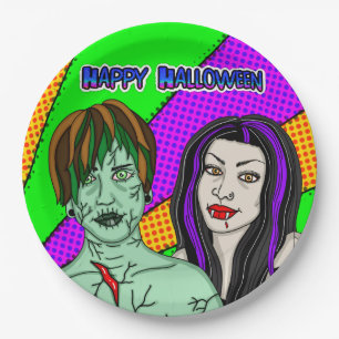 Assiettes En Carton Fête d'Halloween   Pop Art zombie Vampire