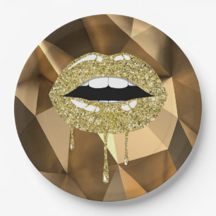 Assiettes En Carton Fête d'or Luxe Glam Paillettes Gouttes Lèvres