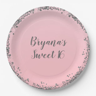 Assiettes En Carton Fête Douze Ans Glitter Glam Edge Rose Argenté