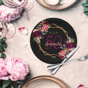 Assiettes En Carton fête du 50e anniversaire noir or geo floral bordea