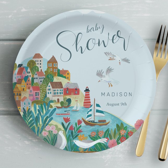 Assiettes En Carton Fête du baby shower de garçon sur la côte (Coastal boy baby shower party paper plates)