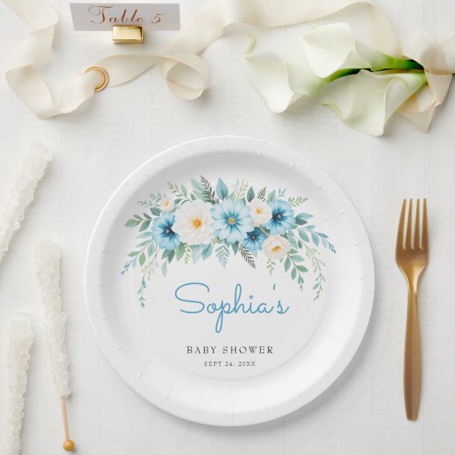 Assiettes En Carton Fête élégante de baby shower floral bleu doux (Mariage)