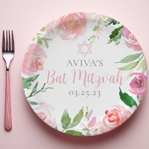 Assiettes En Carton Fête élégante de Bat Mitzvah Fleurs roses personna