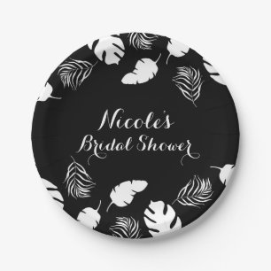 Assiettes En Carton Fête élégante et chic aux feuilles tropicales noir