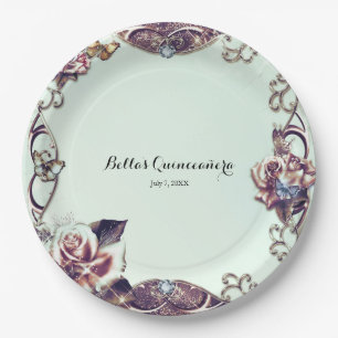 Assiettes En Carton Fête Étincelante Bronze Papillons et Roses