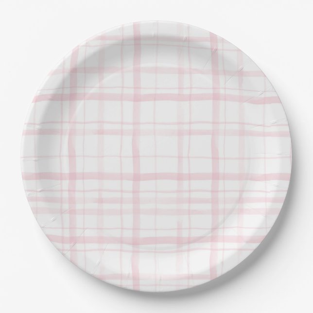Assiettes En Carton Fête Gingham Rose Pâle Pastel Douce (Devant)
