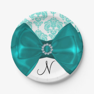 Assiettes En Carton Fête Glamour Bow Bling Damassé Blanc & Sarcelle Sw