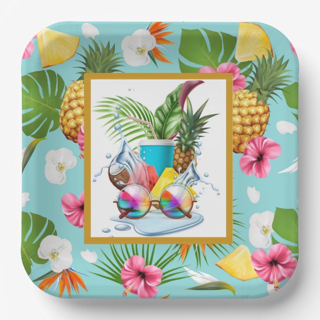 Assiettes En Carton Fête Hawaïenne  (Recto)