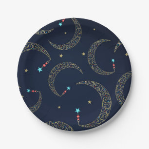Assiettes En Carton Fête Lunaire Céleste Bleue et Or Filigrane Mystiqu