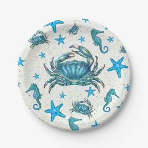 Assiettes En Carton Fête moderne étoile de mer crabe bleu hippocampe p
