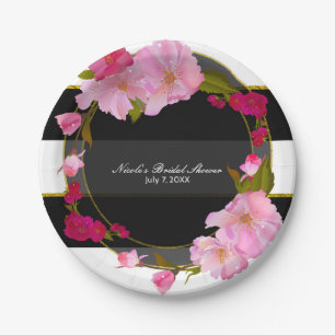 Assiettes En Carton Fête Moderne Florale Chic Glam en Noir Blanc et Or
