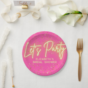 Assiettes En Carton Fête Moderne Rose Chaud Néon Doré Brillant Let's P