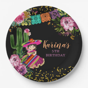 Assiettes En Carton Fête noire mexicaine colorée Florale Anniversaire