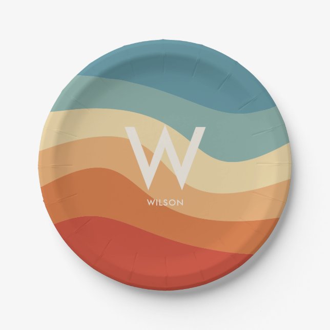 Assiettes En Carton Fête Personnelle Monogramme Rayé Rétro Ondulé (Devant)