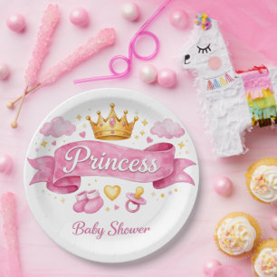 Assiettes En Carton Fête Prénatale Bébé Fille Princesse Aquarelle Rose