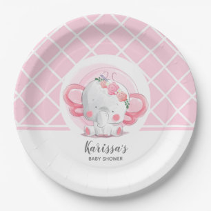 Assiettes En Carton Fête Prénatale de Bébé Fille à l'Éléphant Rose