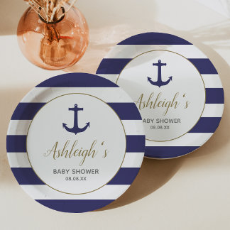 Assiettes En Carton Fête Prénatale Garçon Rayures Bleu Marine Ancre Na