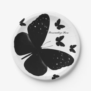 Assiettes En Carton Fête sur mesure Chic blanche avec papillons noirs