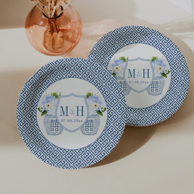 Assiettes En Carton Fête Wedding shower Ginger Jar Monogram (Couples Shower or wedding paper plates. Blue and white ginger jar monogram with watercolor flowers)