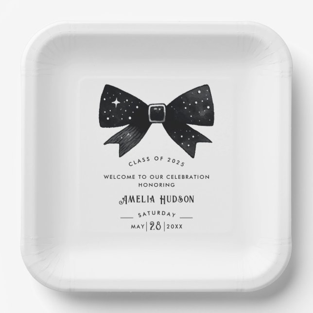 Assiettes En Carton Fête Whimsical Black & White Bow Graduation (Recto)
