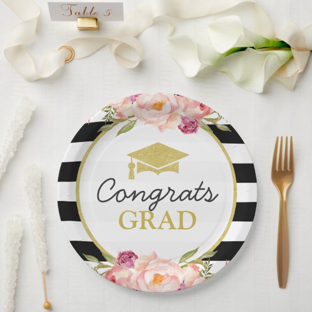 Assiettes En Carton Fêtes Floral Gold Congrats Grad Grad Graduation Pa (Mariage)