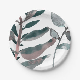 Assiettes En Carton Feuillage botanique aquarelle tons rustiques rose