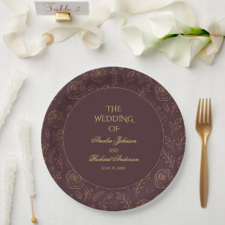 Assiettes En Carton Feuillage de Roses Dorées Mariage Chocolat Marron 