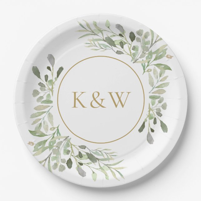 Assiettes En Carton Feuillage d'eucalyptus à monogramme doré (Devant)