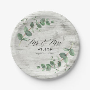 Assiettes En Carton feuillage d'eucalyptus en bois blanc plaque mariag
