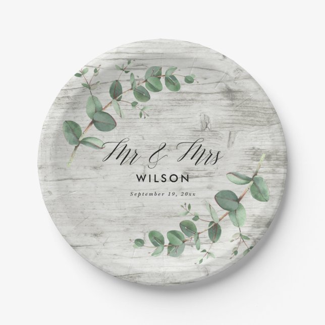 Assiettes En Carton feuillage d'eucalyptus en bois blanc plaque mariag (Devant)