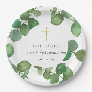 Assiettes En Carton Feuillage d'eucalyptus Première Sainte Communion