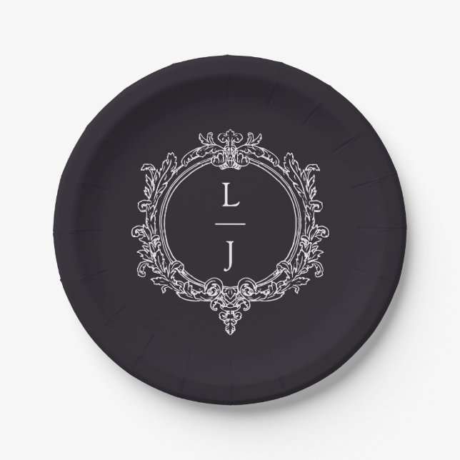 Assiettes En Carton feuillage noir et blanc Crest mariage (Devant)