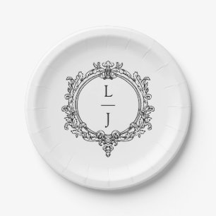 Assiettes En Carton feuillage noir et blanc mariage Crest