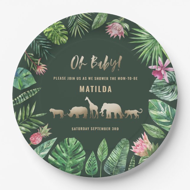 Assiettes En Carton Feuillage tropical + animaux d'or baby shower (Devant)