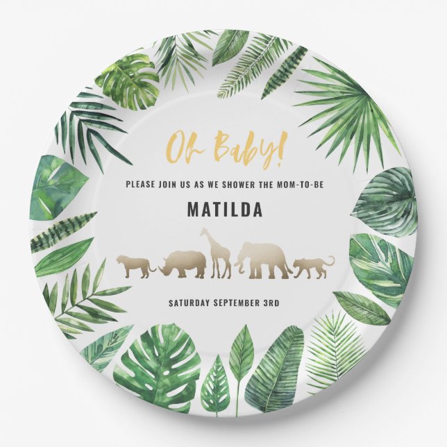 Assiettes En Carton Feuillage tropical + animaux d'or baby shower (Devant)