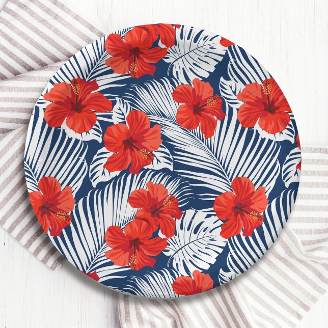 Assiettes En Carton Feuillage Tropical Avec Hibiscus Floral Rouge (Créateur téléchargé)