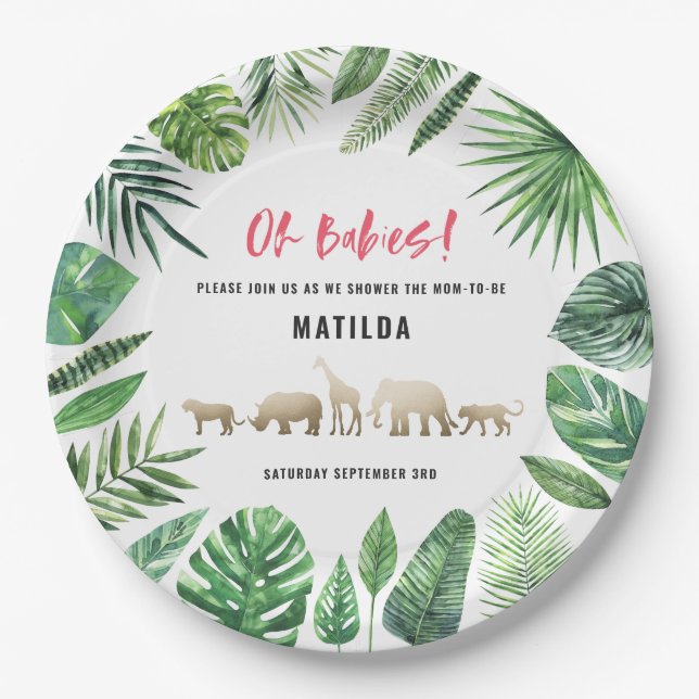 Assiettes En Carton Feuillage tropical + baby shower jumeau d'animaux  (Devant)