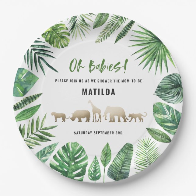Assiettes En Carton Feuillage tropical + baby shower jumeau d'animaux (Devant)