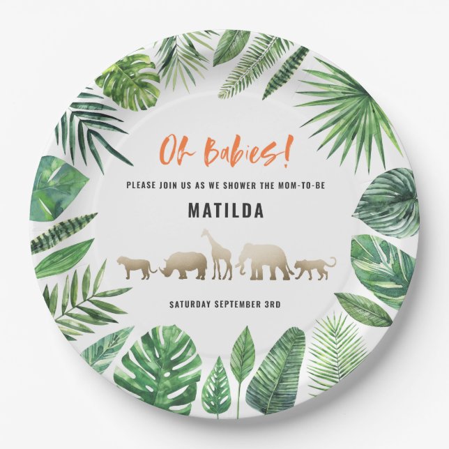 Assiettes En Carton Feuillage tropical + baby shower jumeau d'animaux  (Devant)