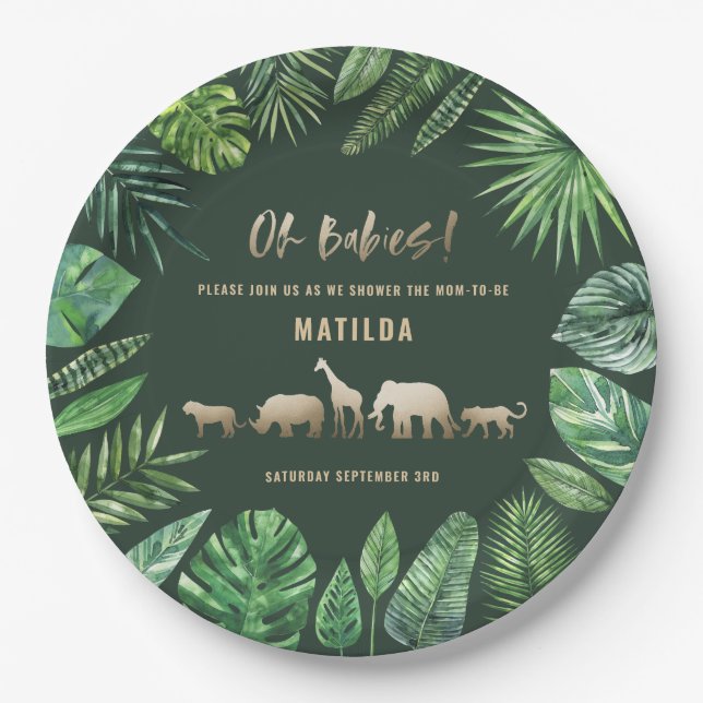 Assiettes En Carton Feuillage tropical + baby shower jumeau d'animaux (Devant)