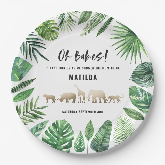 Assiettes En Carton Feuillage tropical + baby shower jumeau d'animaux (Devant)
