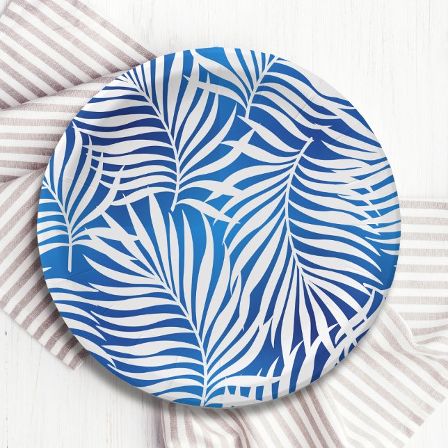 Assiettes En Carton Feuillage Tropical Bleu Et Blanc | Floral (Créateur téléchargé)