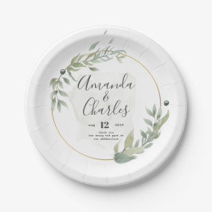 Assiettes En Carton Feuillage vert et cadre cercle or