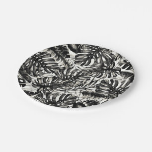 Assiettes En Carton Feuille de palme tropicale noir et blanc 